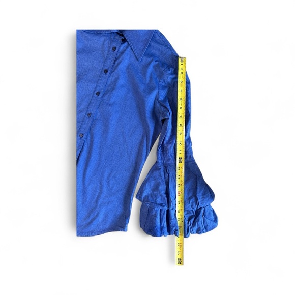 Blue Button-Up Stretch Twill Shirt with Ruffled Sleeves - Picture 4 of 8